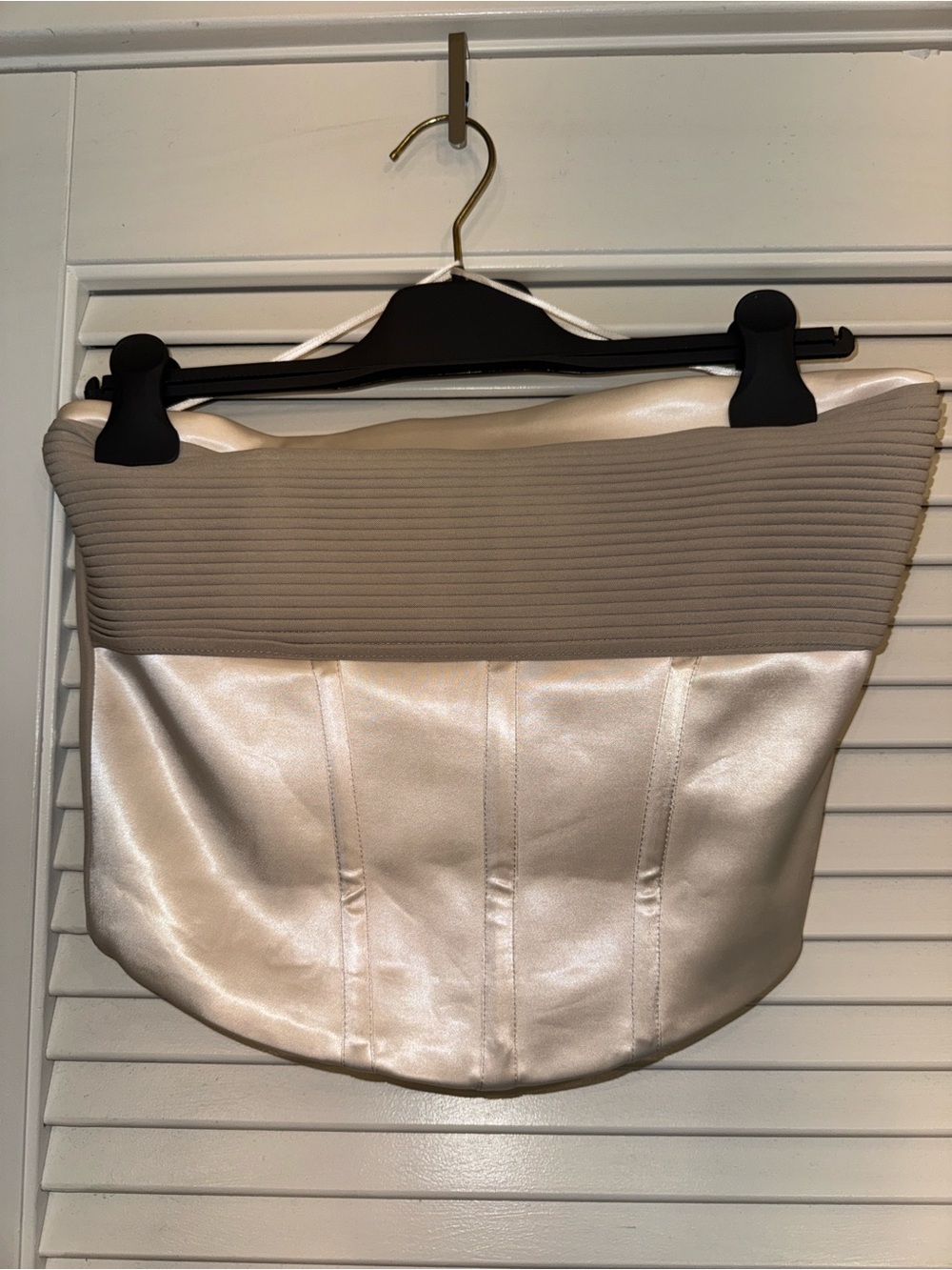 Maniere De Voir Strapless Satin Bustier in Pearl and Taupe